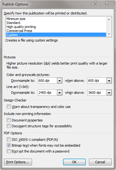 Publisher Save As PDF Publish Options